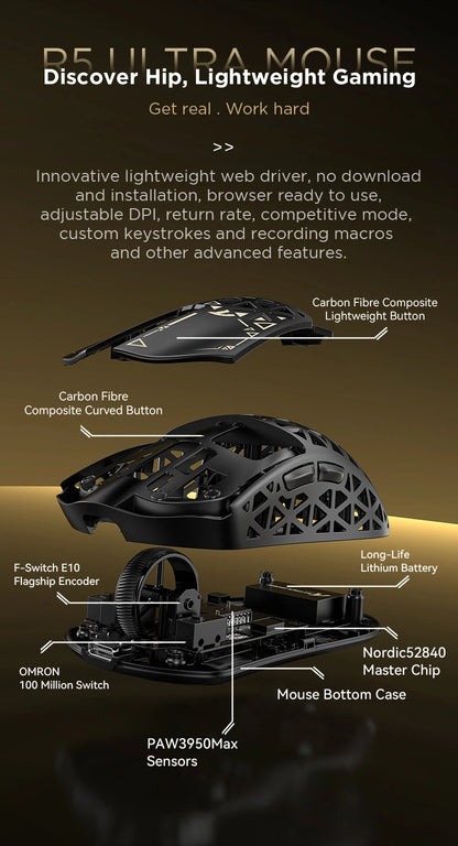 ATTACK SHARK R5 Tri-mode Ultra Wireless Gaming Mouse Carbon Fiber 8K ,PAW3950MAX ,8000Hz Wireless Polling Rate, DPI up to 42000