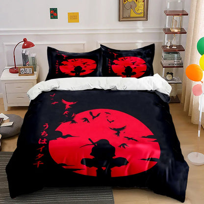 Japanese Ninja silhouette under the red moon Pattern Duvet Cover Set Digital Print Colorful Polyester Bedding with Zipper Closur