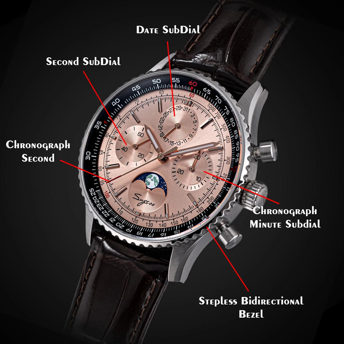 Sugess Chronograph Watch of Man ST1908 Swanneck Movement Mechanical Moonphase Wristwatches Waterproof Calendar Vintage New S468