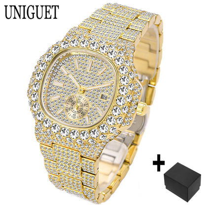 Luxury Brand Men Quartz Watch Fashion Square Hip Hop Diamond Out Sparkling Jewelry Waterproof Stainless Steel Wristwatch Man New