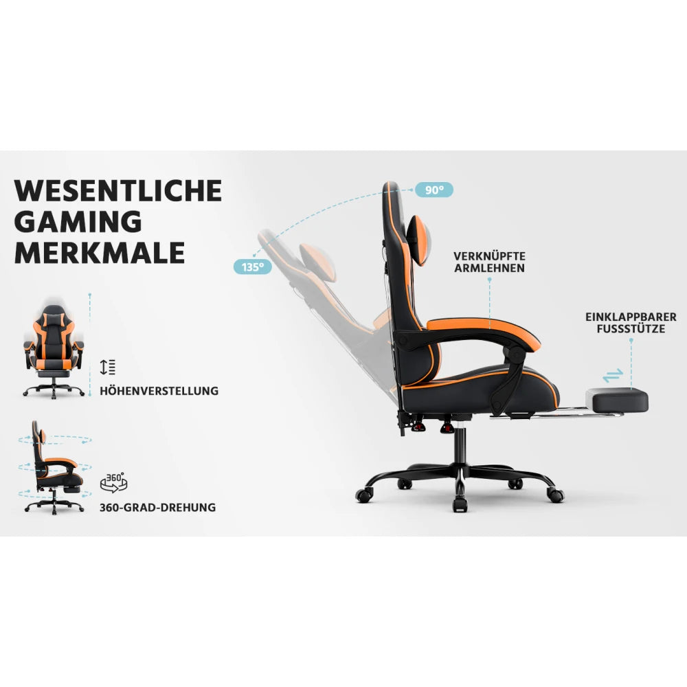 Ergonomic Gaming Chair with Lumbar Support, Adjustable Office Chair, Breathable PU Leather Computer Chair with Footrest & Reclining Backrest