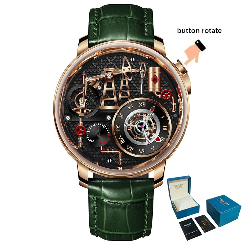Orologio da uomo PINDU NEW TOP al quarzo con pulsante pompa olio, stile business, 45.5MM, vetro zaffiro, impermeabile, cinturino in pelle