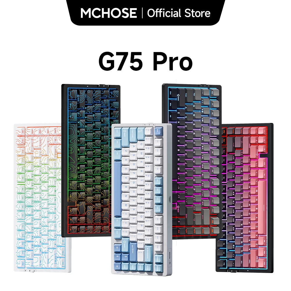 Teclado Mecânico Sem Fios MCHOSE G75 Pro 75% Layout, Montagem Gasket, 5 Camadas de Amortecimento, Retroiluminação RGB, Tri-Mode, Hot Swappable