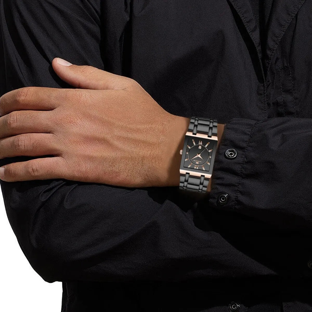 Men Business Watch Simple Design Luxury Fashion Rectangular Black Gold Stainless Steel Calendar Waterproof Quartz Men's Watches