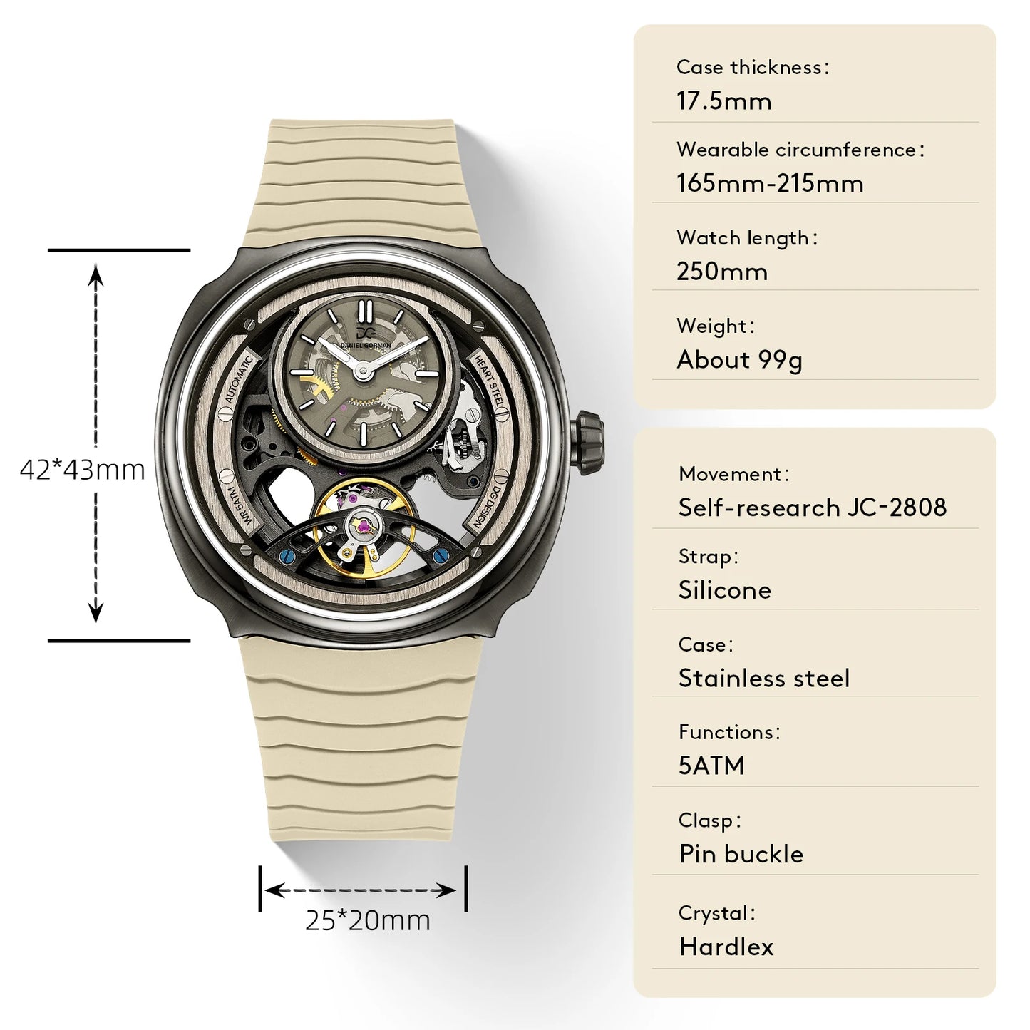 DANIEL GORMAN High Quality Men's Automatic Watch with Stylish Sports Silicone Strap 5 ATM Waterproof Mechanical Watches DG8127