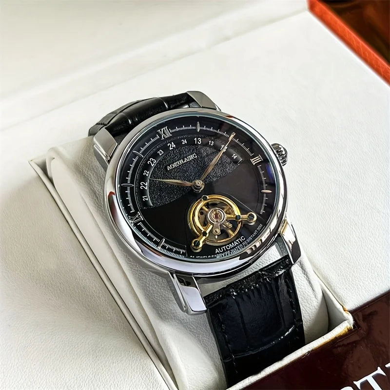 Montre mécanique automatique pour homme – Design ajourélégant, style « business casual » tendance, boîtier en alliage et bracelet en cuir, sans pile