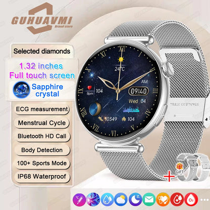 New 1.32inch Smart Watch For Women Health ECG Health Lady Watches Full Touch Screen Call Custom Dial Diamond Strap Smartwatch