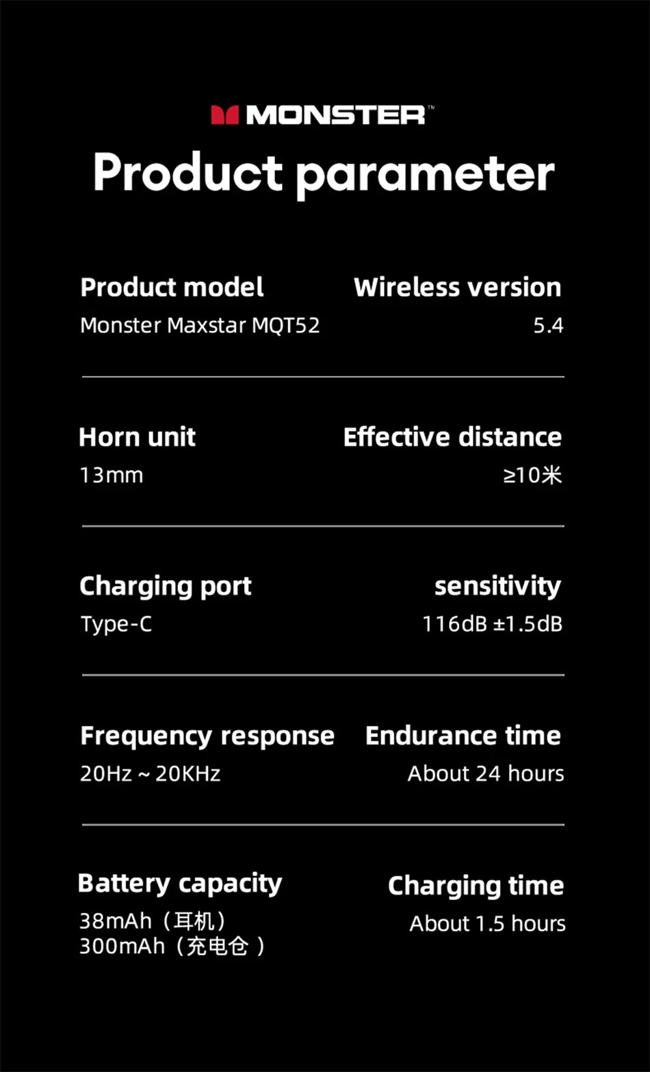 Monster MQT52 Bluetooth 5.4 Wireless Earphones Gaming Headphones with Mic, HiFi Stereo Sound True Wireless Earbuds, Low Latency Bluetooth 5.4 Earphones with 24H Battery Life