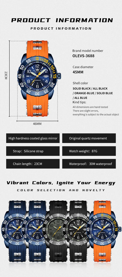 OLEVS Luxury Men's Fashion Quartz Watch Waterproof Luminous Orange Silicone Strap Sports Men Military Wristwatches Watch for Men
