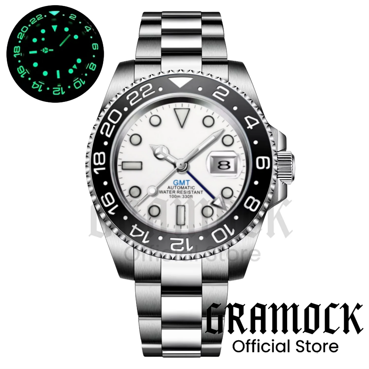 Gramock White Dial Blue GMT 40MM Watch For Men Roating Bezel Sapphire Glass Waterproof Reloj Hombre NH34A Mechanical Wristwatch