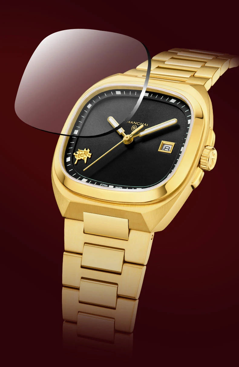Shanghai Square Vintage Mechanical Watch 24K Gold Automatic Men's Watches 38mm Case 316L Stainless Steel Luxury Wristwatch SH030