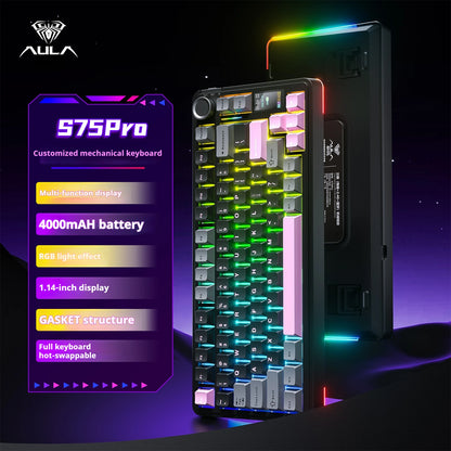 Teclado Mecânico AULA S75 PRO 75% Layout Personalizado Retroiluminação RGB Sem Fios Bluetooth Gaming com Ecrã e Botão Rotativo