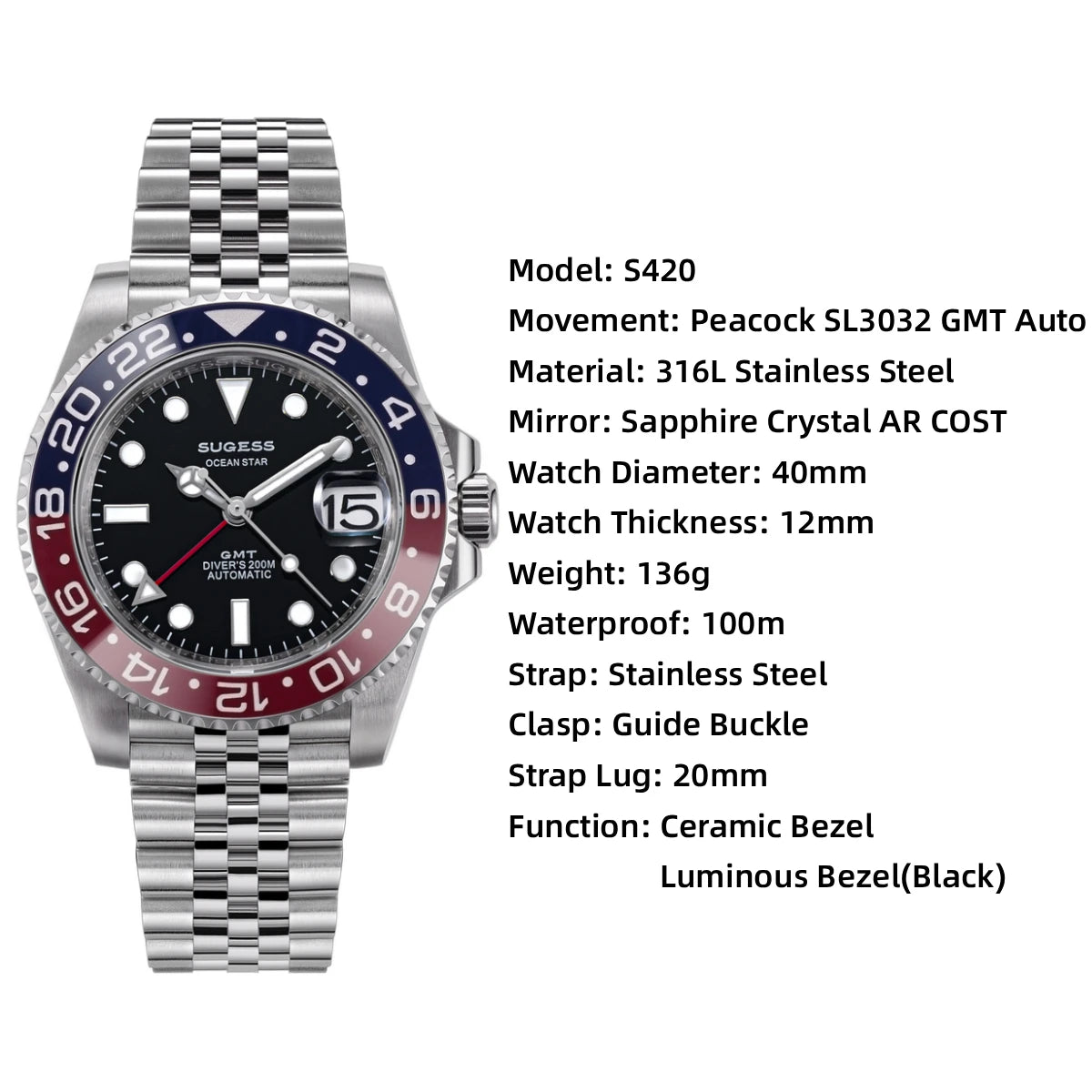 Sugess GMT Diving Watch of Men Automatic Mechanical Waterproof Wristwatches Peacock SL3032 Movement Ceramic Bezel Jubille Band