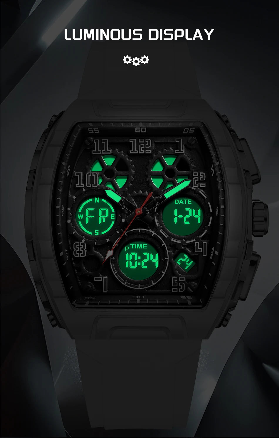 FOXBOX Men Watch Luminous White Silicone Waterproof Quartz Watch For Men Fashion Analog Digital Alarm Chronograph Montre Homme