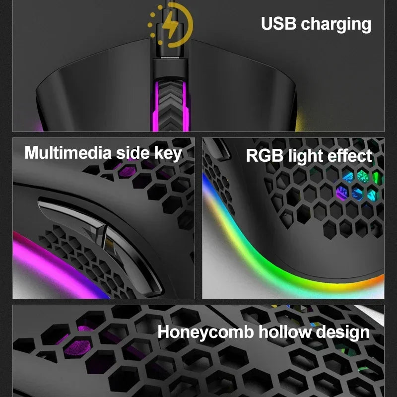 BM600 Wireless Gaming Mouse USB 2.4GHz Rechargeable RGB Wireless Mouse, Ergonomic Honeycomb Optical Mouse for PC, Laptop & Office