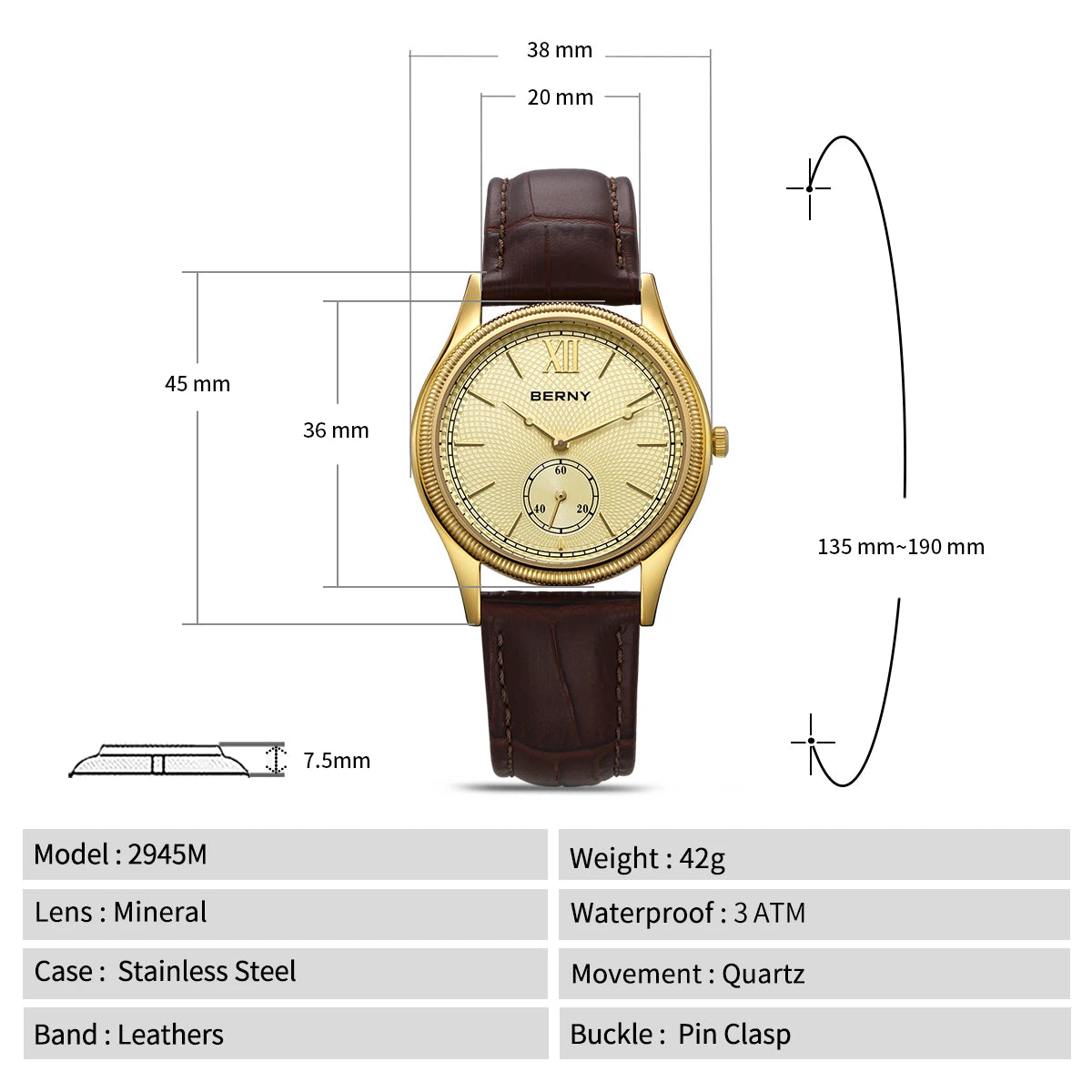 BERNY Luxury Watches for Men Classic Elegance Slim Dress Gold Quartz Men's Watch Leather Strap Fashion Business Wristwatch