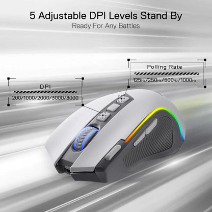 Mouse Gaming Redragon M612 PRO RGB BT 2.4G, ottico wireless 8000 DPI, 9 pulsanti programmabili, 7 modalità retroilluminate, B