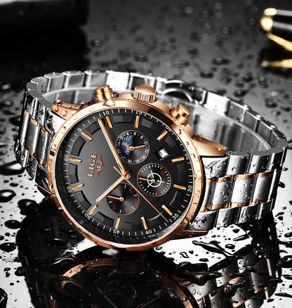 LIGE herenhorloge – Luxe quartz-chronograaf, waterdicht (3 bar), met lichtgevende wijzers – Cadeautip (inclusief doos)