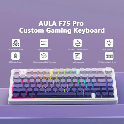 Teclado Mecânico Gaming Sem Fios AULA F75 Pro com Montagem Gasket, RGB Personalizado, Layout 75% e Teclas PBT com Gravação Lateral