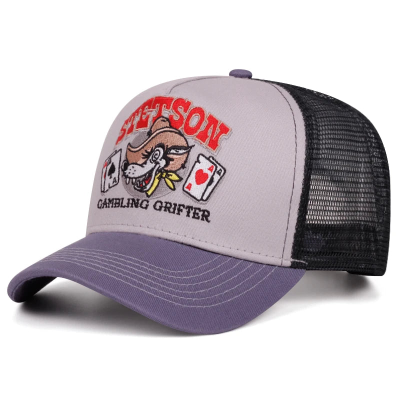 Spersonalizowana nowa czapka z oddychającej siateczki STETSON z motywem głowy wilka, czapka pokerowa, czapka sportowa na świeżym powietrzu, czapka przeciwsłoneczna, czapka uliczna w stylu hip-hop, unisex