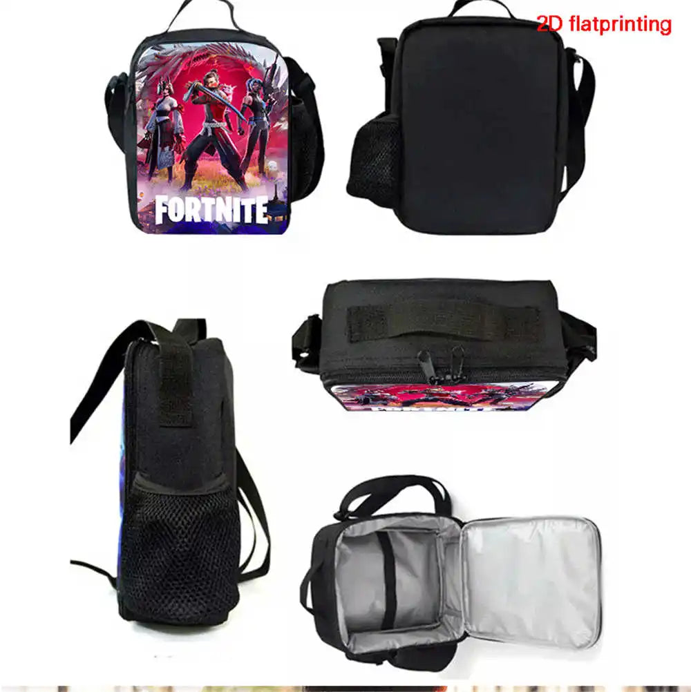 Fortnite Cartoon 3pcs Set, Large Capacity Suitable for Boys and Girls Aged 5-8, Includes Backpack, Dinner Bag, and  Pencil Case