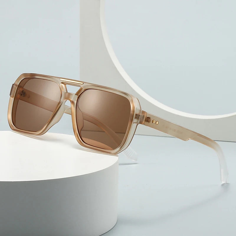 SO&EI Fashion Double Bridges Square Sunglasses Women Retro Rivets Blue Tea Shades UV400 Men Outdoor Gradient Sun Glasses