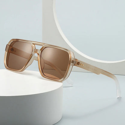 SO&EI Fashion Double Bridges Square Sunglasses Women Retro Rivets Blue Tea Shades UV400 Men Outdoor Gradient Sun Glasses