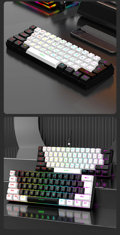 Teclado mecânico com fios de 61 teclas, branco, com switch preto e azul, à prova de água, iluminação RGB, kit para gaming e escritório, PUBG, retroiluminado