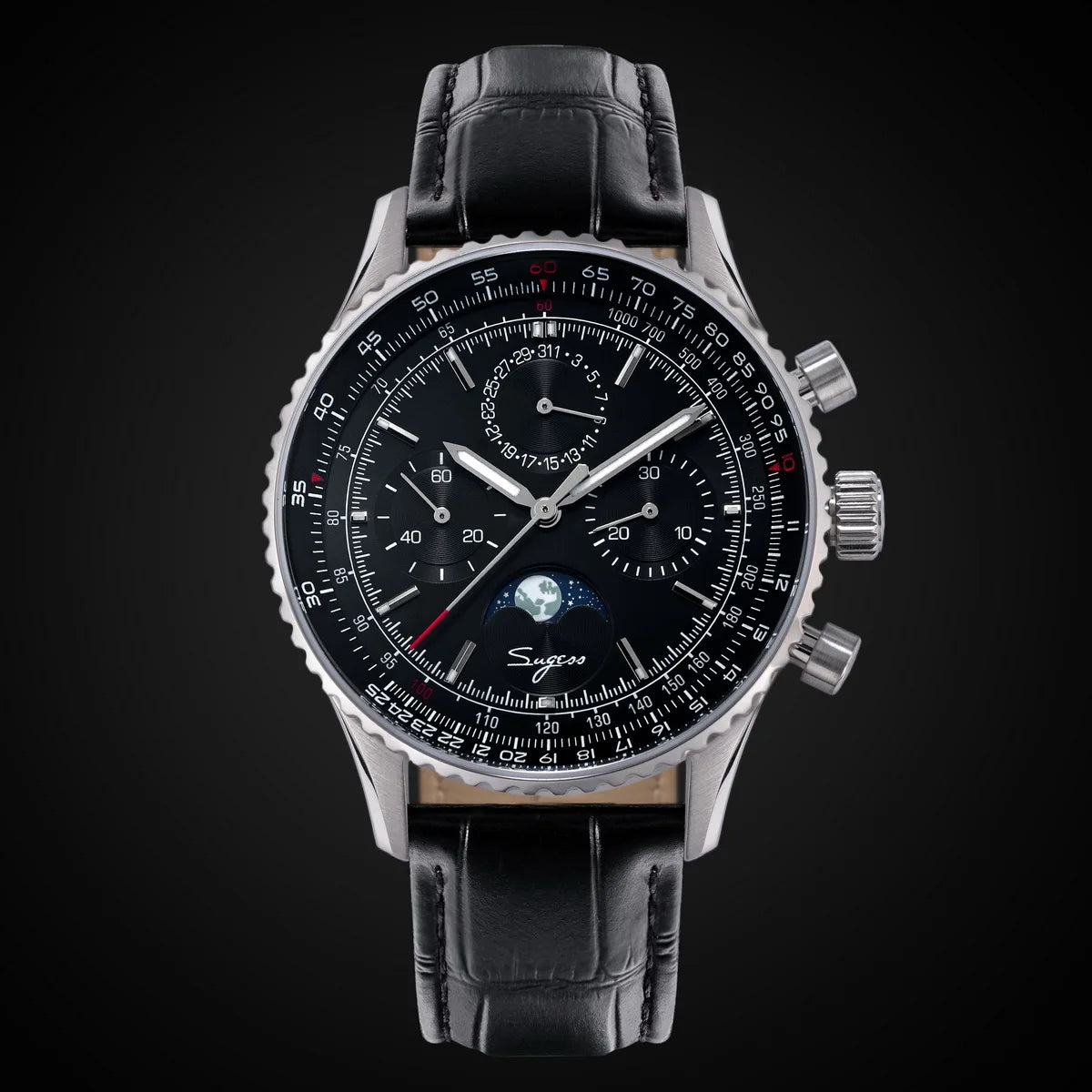 Sugess Chronograph Watch of Man ST1908 Swanneck Movement Mechanical Moonphase Wristwatches Waterproof Calendar Vintage New S468