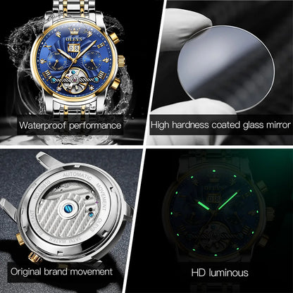 OLEVS 9910 Original Men's Automatic Mechanical Watch Luxury Skeleton Stainless steel Waterproof Luminous Watches