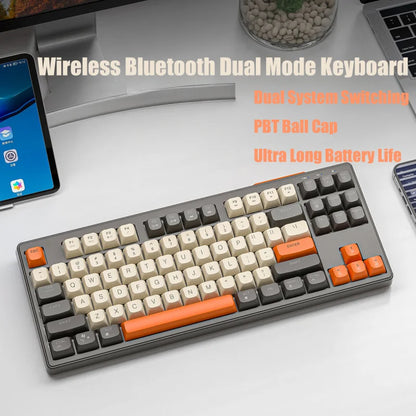 Teclado M87 Sem Fios Bluetooth de Modo Duplo, Sensação Mecânica para Gaming e Escritório, Silencioso, Teclas PBT Ball Cap, Luz Arco-Íris