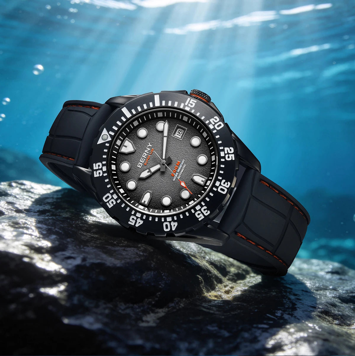 BERNY Men's Automatic Diver Watch Supper Luminous Sapphire AR Coated MIYOTA 8215 316LStainless Steel Single Crown Diving Watches