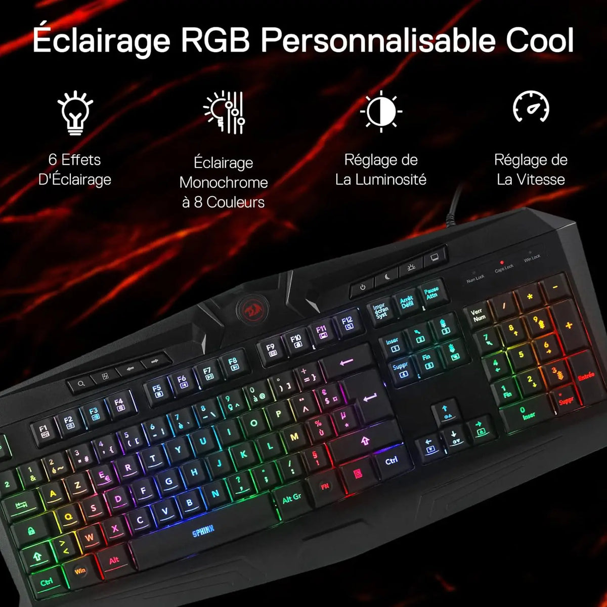 Redragon K503 AZERTY Wired Gaming Keyboard, RGB LED Backlight, Multimedia Keys, Silent Membrane Keyboard with Wrist Rest