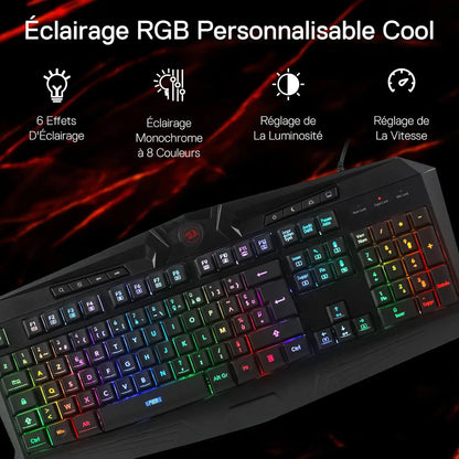 Redragon K503 AZERTY Wired Gaming Keyboard, RGB LED Backlight, Multimedia Keys, Silent Membrane Keyboard with Wrist Rest