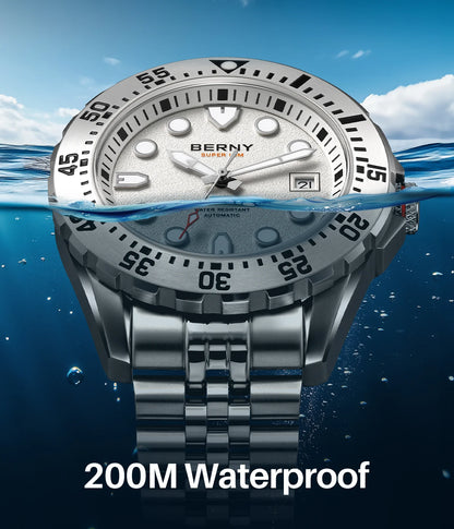 BERNY Men's Automatic Diver Watch Supper Luminous Sapphire AR Coated MIYOTA 8215 316LStainless Steel Single Crown Diving Watches