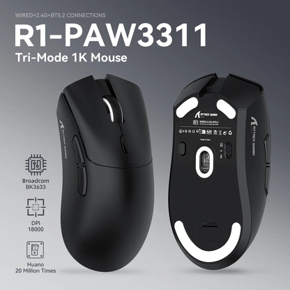 ATTACK SHARK R1 Tri-Mode Gaming Mouse, 18,000 DPI PixArt PAW3311 Wireless Gaming Mouse, 59g Ultralight Gaming Mouse for PC, Mac & Laptop