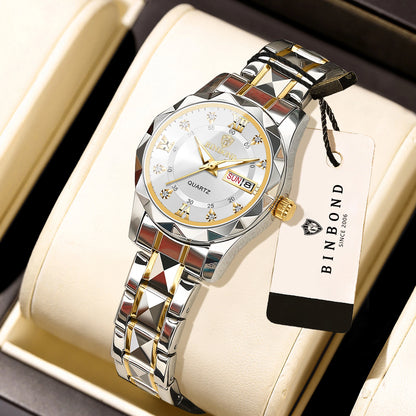 Montre pour femme BINBOND : montre à quartz robuste, luxueuse, luminescente et étanche, dotée d'un affichage précis de la date et du jour de la semaine.