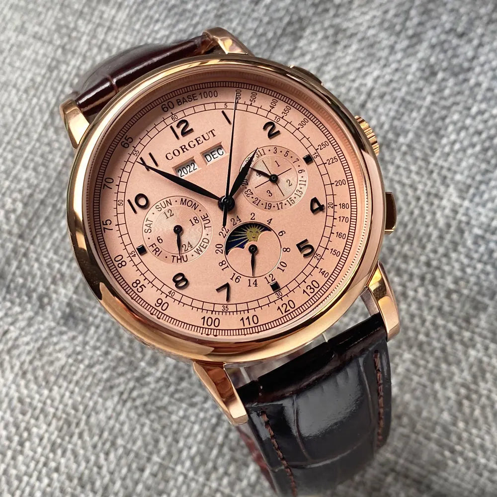 Orologio automatico da uomo Multification con data, giorno, mese e anno, orologio meccanico da uomo in 316L, cassa lucidata, indicatore giorno/notte, 42mm