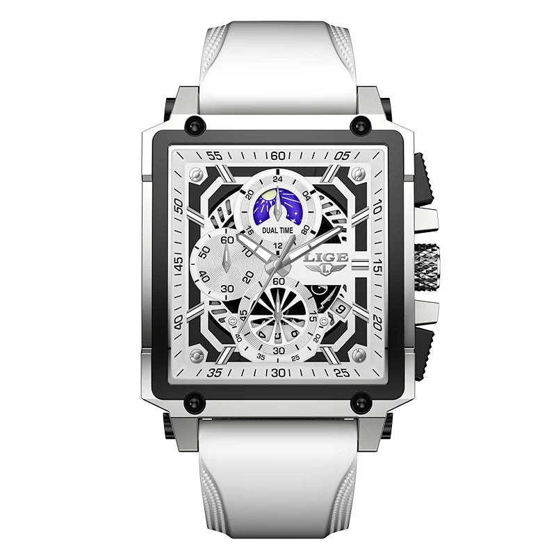 New LIGE Mens Watches Top Brand Luxury Hollow Square Sport Watch For Men Fashion Silicone Strap Waterproof Quartz WristWatch+Box