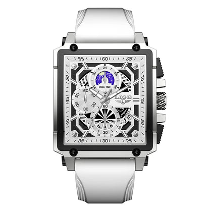 New LIGE Mens Watches Top Brand Luxury Hollow Square Sport Watch For Men Fashion Silicone Strap Waterproof Quartz WristWatch+Box