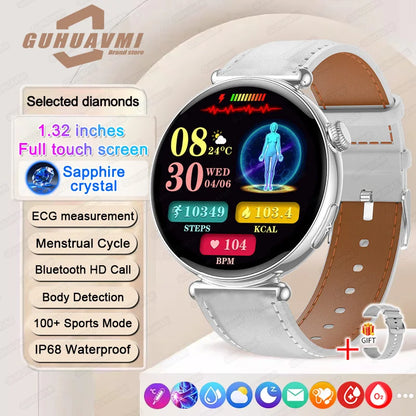 New 1.32inch Smart Watch For Women Health ECG Health Lady Watches Full Touch Screen Call Custom Dial Diamond Strap Smartwatch