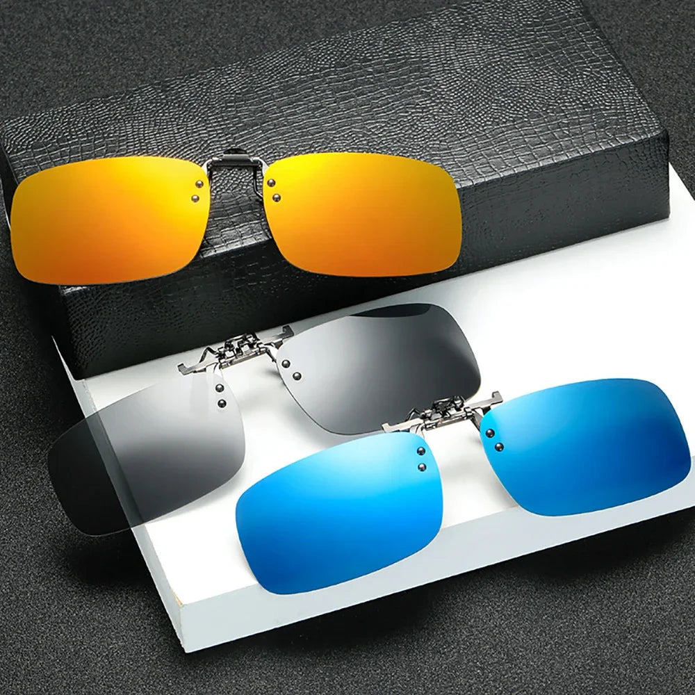 Classic Mirror Blue Flip Up Clip on Sunglasses Fishing Men Square Polarized Lens Metal Night Vision Driving UV400 Women Glasses