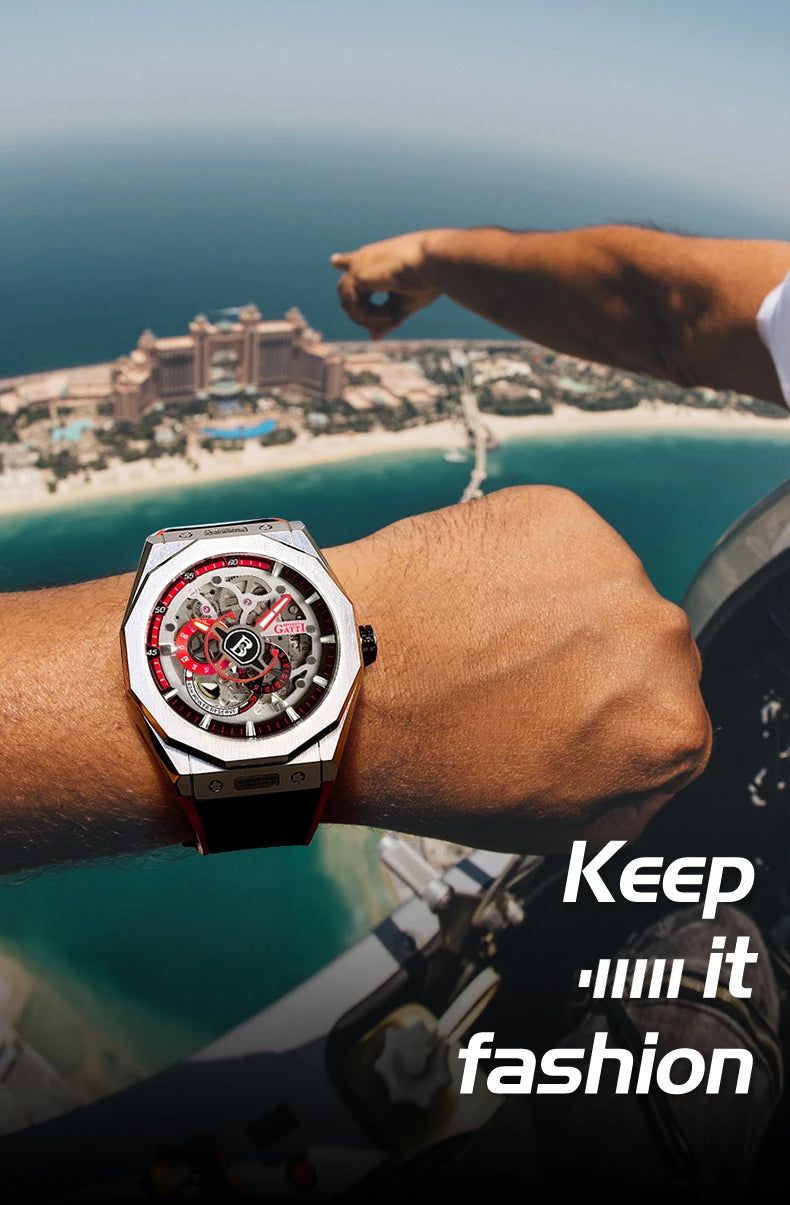 BONEST GATTI BG7601 Men's Automatic Mechanical Watch Sapphire Crystal Waterproof Luminous Rubber Strap Wristwatch