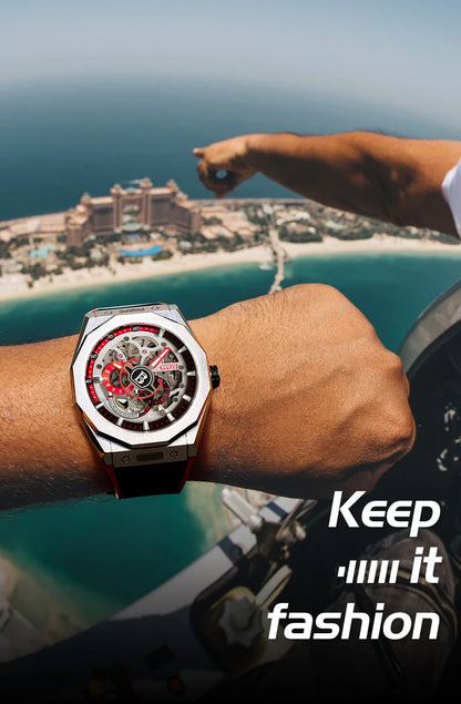 BONEST GATTI BG7601 Men's Automatic Mechanical Watch Sapphire Crystal Waterproof Luminous Rubber Strap Wristwatch