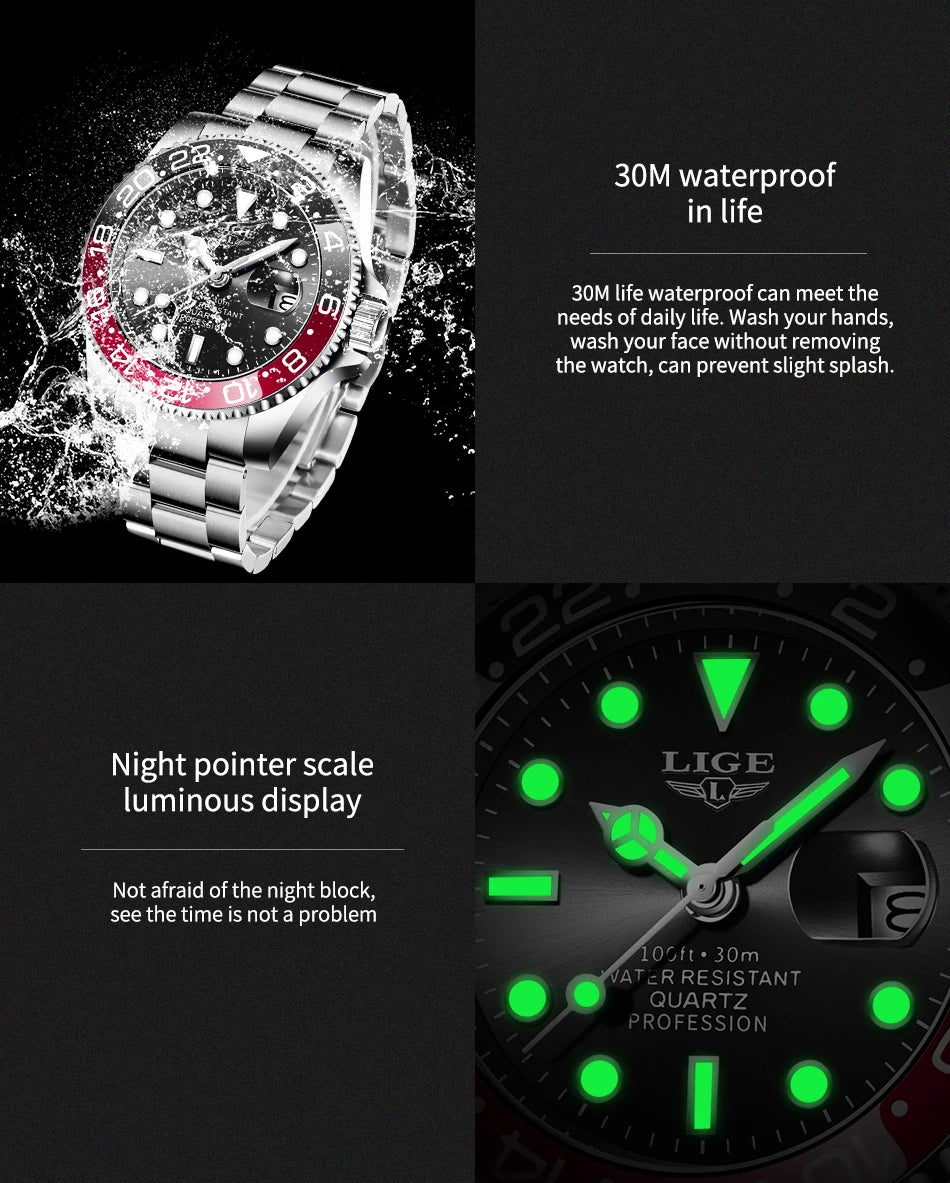 LIGE Fashion Business Watch Men 3ATM Waterproof Luminous Wristwatch Men Clock Top Brand Luxury Sports Quartz Diving Chronograph