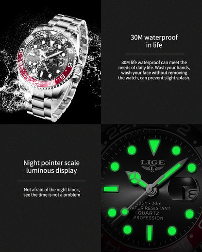 LIGE Fashion Business Watch Men 3ATM Waterproof Luminous Wristwatch Men Clock Top Brand Luxury Sports Quartz Diving Chronograph