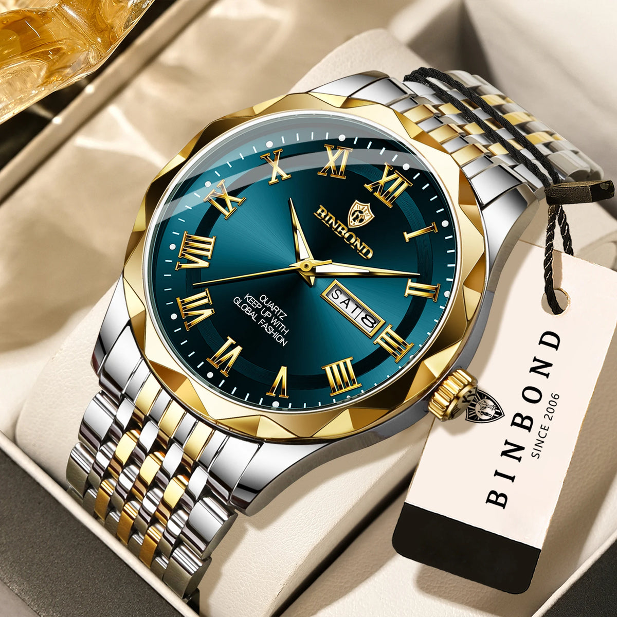 Reloj de pulsera de lujo de cuarzo BINBOND Original Brand para hombre, luminiscente, resistente al agua, con fecha automática, indicación del día de la semana y estilo informal.