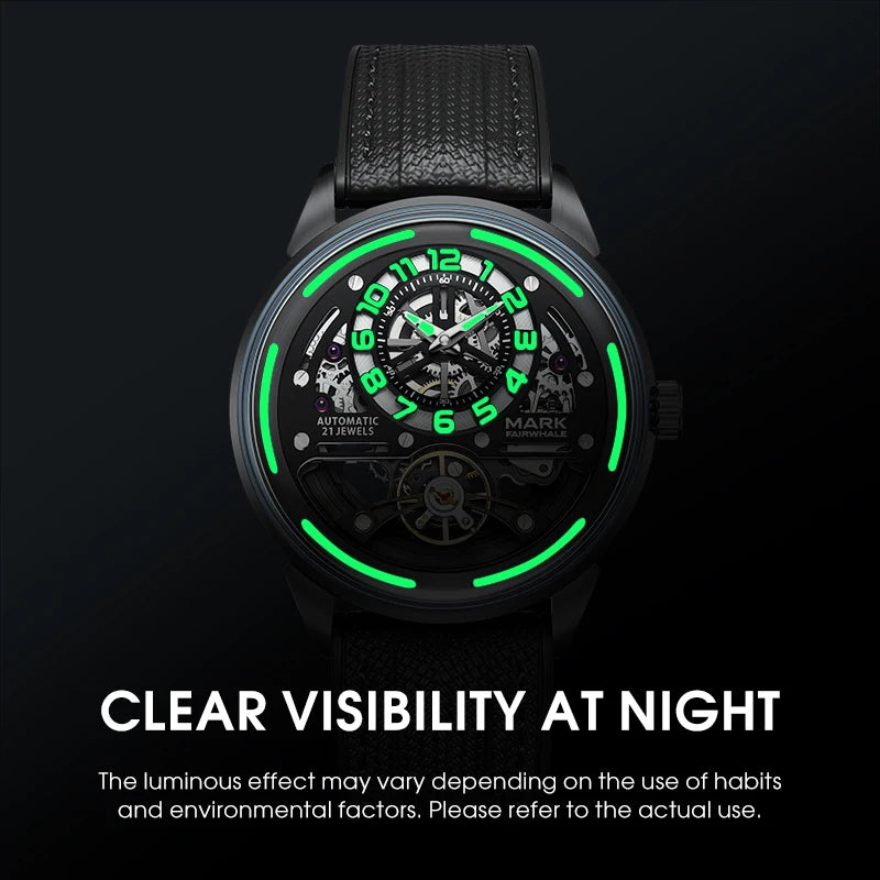 MARK FAIRWHALE Men's Automatic Watch Skeleton Dial Fluororubber Strap Waterproof Luxury Fashion Wristwatch