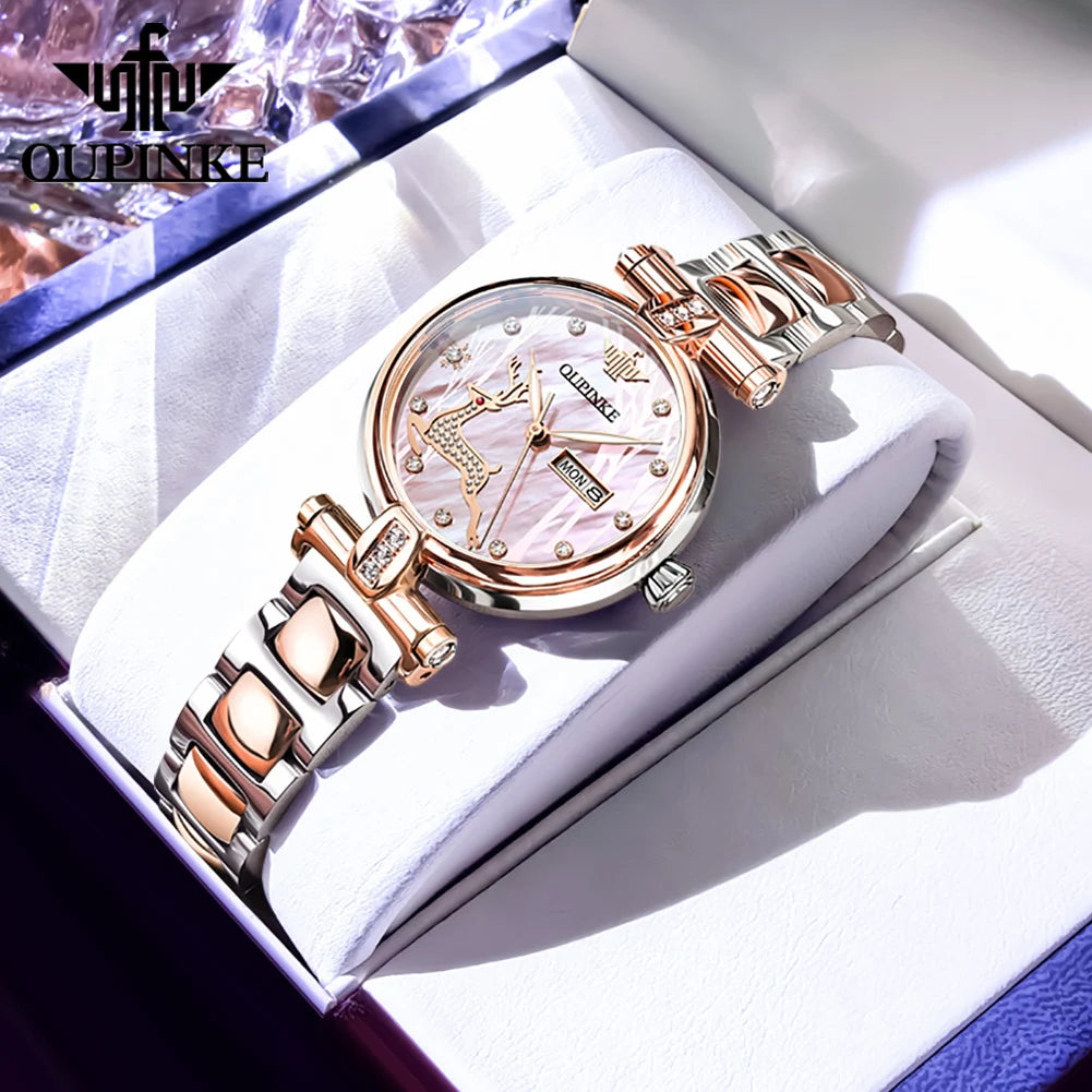 OUPINKE 3180 Watches For Woman Luxury Elegant Automatic Mechanical Watch Deer Dial Stainless Steel Week Date Watch Gift Box