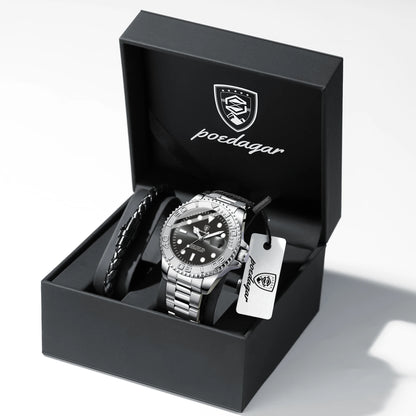 POEDAGAR Luxury Men's Watch Stainless Steel Date Quartz Fashion Watches For Man Waterproof Luminous Business Male Watch+Box Gift